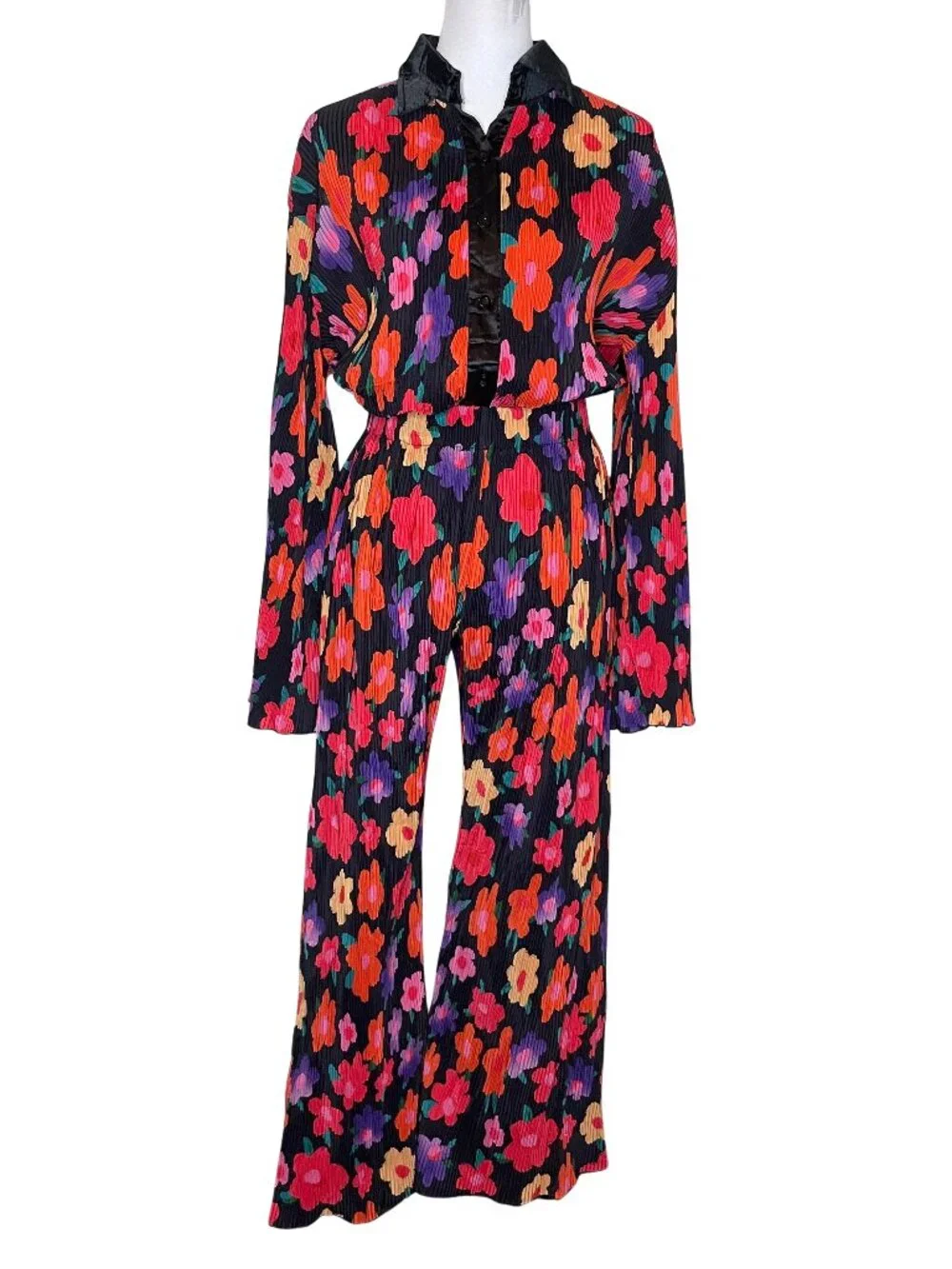 70s Retro Psych Floral Plisse Pleated 2 Piece Matching Pants Set M